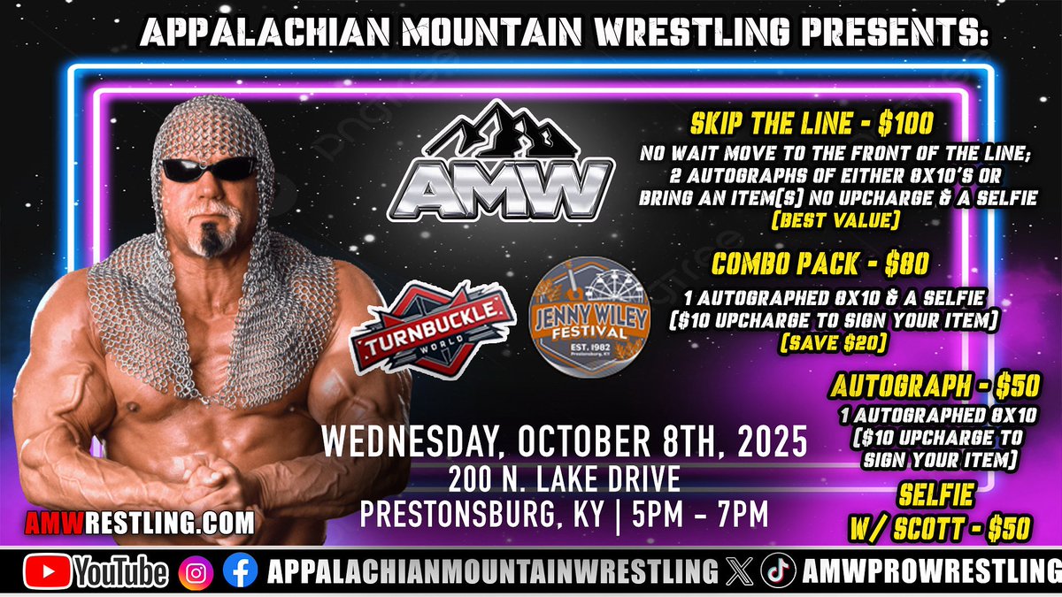 AMW WRESTLING (@amwprowrestling) on Twitter photo 🚨HOLLER IF YOU HEAR US 🚨
💥PLEASE SHARE💥
Tickets ARE NOW on sale for our Meet & Greet with WWE Hall of Famer <a href="/ScottSteiner/">Big Poppa Pump Scott Steiner</a> in Prestonsburg, Ky at the Jenny Wiley Festival on October 8th brought to you by <a href="/TurnbuckleWorld/">Turnbuckle.World</a>
Order here : eventbrite.com/e/amw-scott-st…
🎫🎫 IF YOU 🚨HOLLER IF YOU HEAR US 🚨
💥PLEASE SHARE💥
Tickets ARE NOW on sale for our Meet & Greet with WWE Hall of Famer <a href="/ScottSteiner/">Big Poppa Pump Scott Steiner</a> in Prestonsburg, Ky at the Jenny Wiley Festival on October 8th brought to you by <a href="/TurnbuckleWorld/">Turnbuckle.World</a>
Order here : eventbrite.com/e/amw-scott-st…
🎫🎫 IF YOU