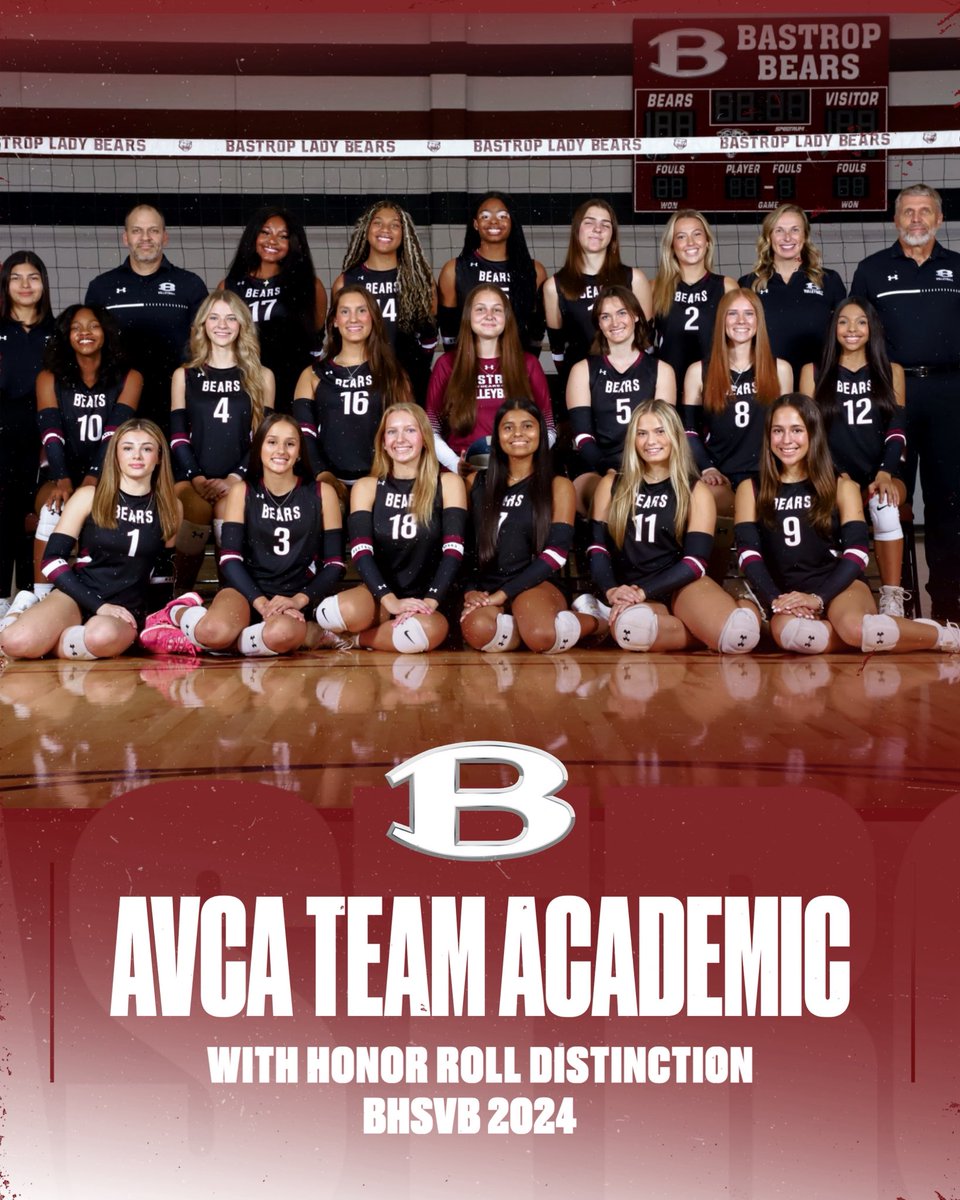 Bastrop Volleyball ๐ (@bhsladybearvb) on Twitter photo AVCA Team Academic Award + Honor Roll distinction! So proud of these girls always for taking care of business and setting the standard for student athletes! AVCA Team Academic Award + Honor Roll distinction! So proud of these girls always for taking care of business and setting the standard for student athletes!