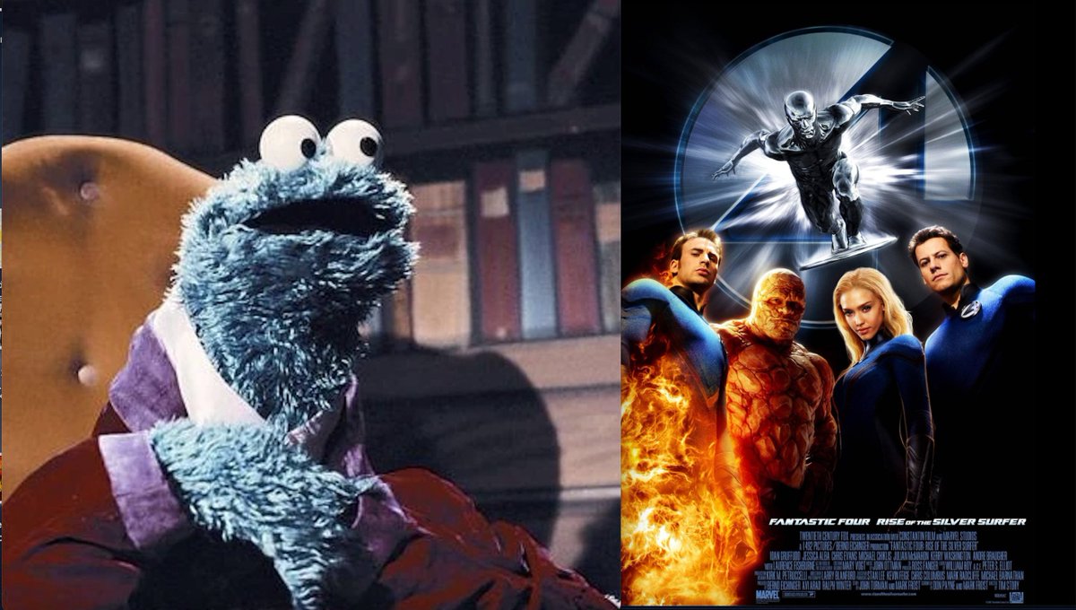 f_CookieMonster's tweet image. Cookie Monster movie review Fantastic Four: Rise of the Silver Surfer (2007)
Dis be turd Fantastic Four movie monster watch. In more ways den one.
Reed Richards and Sue Storm be in love and want to get married. Meanwhile, silver alien on surfboard fly around world creating…