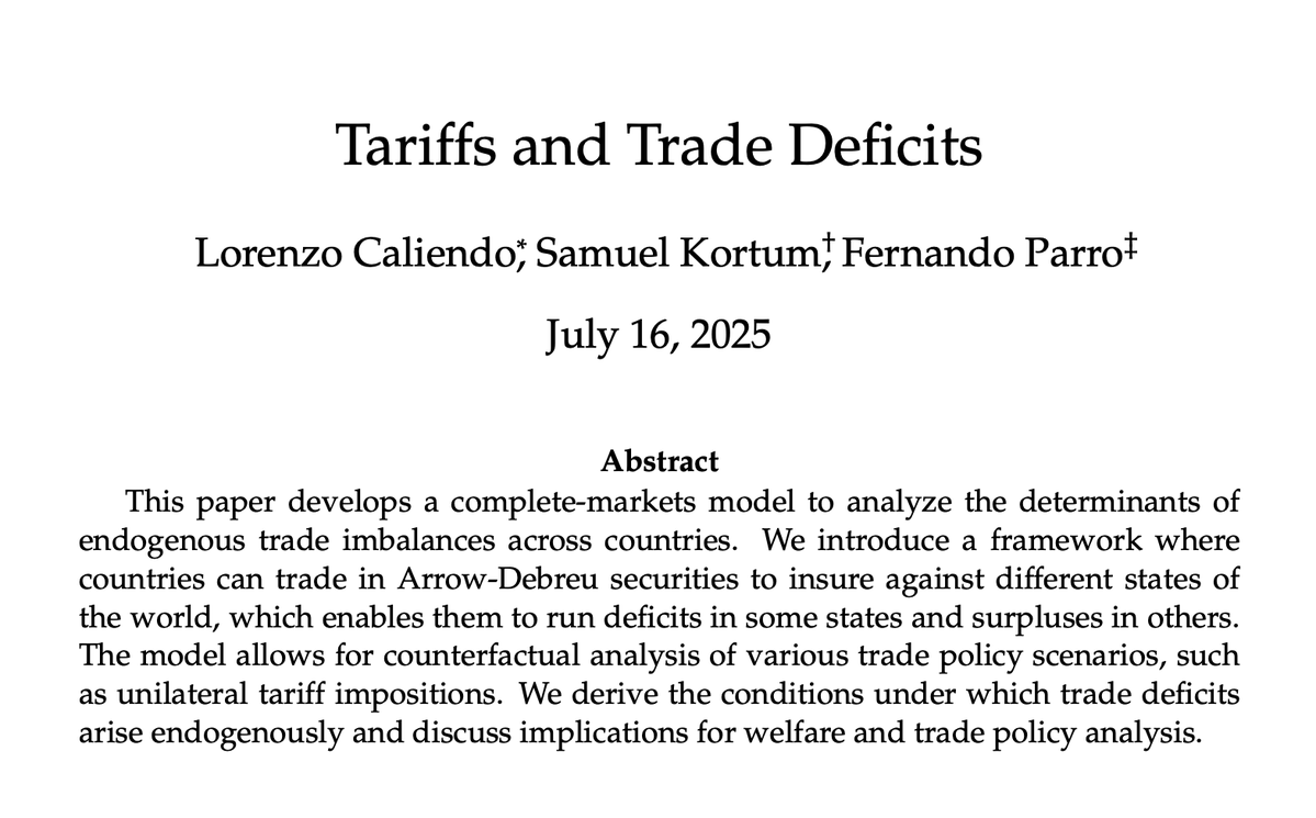 YaleCowles's tweet image. "This paper develops a complete-markets model to analyze the determinants of endogenous trade imbalances across countries."
NEW Discussion Paper by Lorenzo Caliendo, Samuel Kortum, and Fernando Parro: cowles.yale.edu/research/cfdp-…