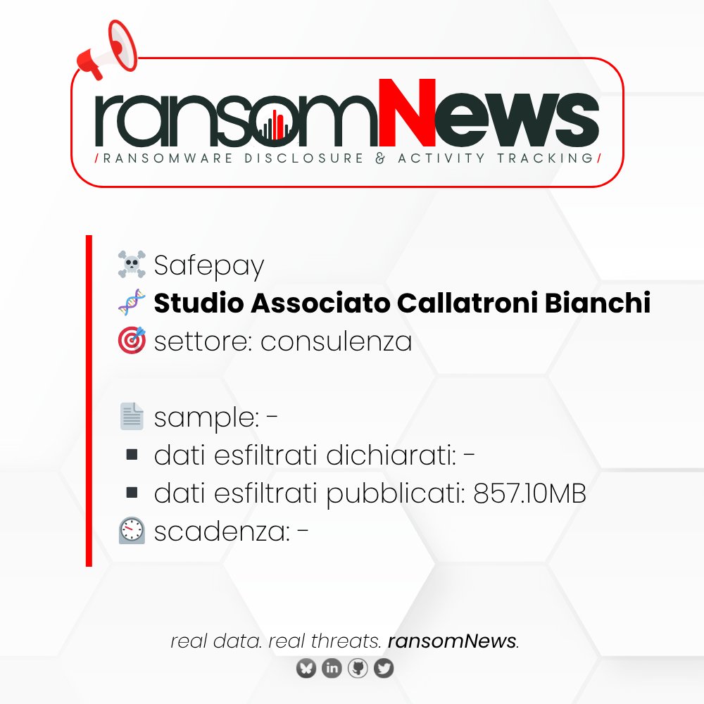 ransomnews's tweet image. 🚨 nuova rivendicazione #ransomware Italia 🚨
🏴☠️ gruppo #akira
🧬 Studio Associato Callatroni Bianchi | Castel San Giovanni (PC)
🎯 settore: consulenza
🔗 studiocallatronibianchi.com
🗓️ 21 luglio 2025
📄 sample: -
▪️ dati esfiltrati dichiarati: -
▪️ dati esfiltrati pubblicati:…