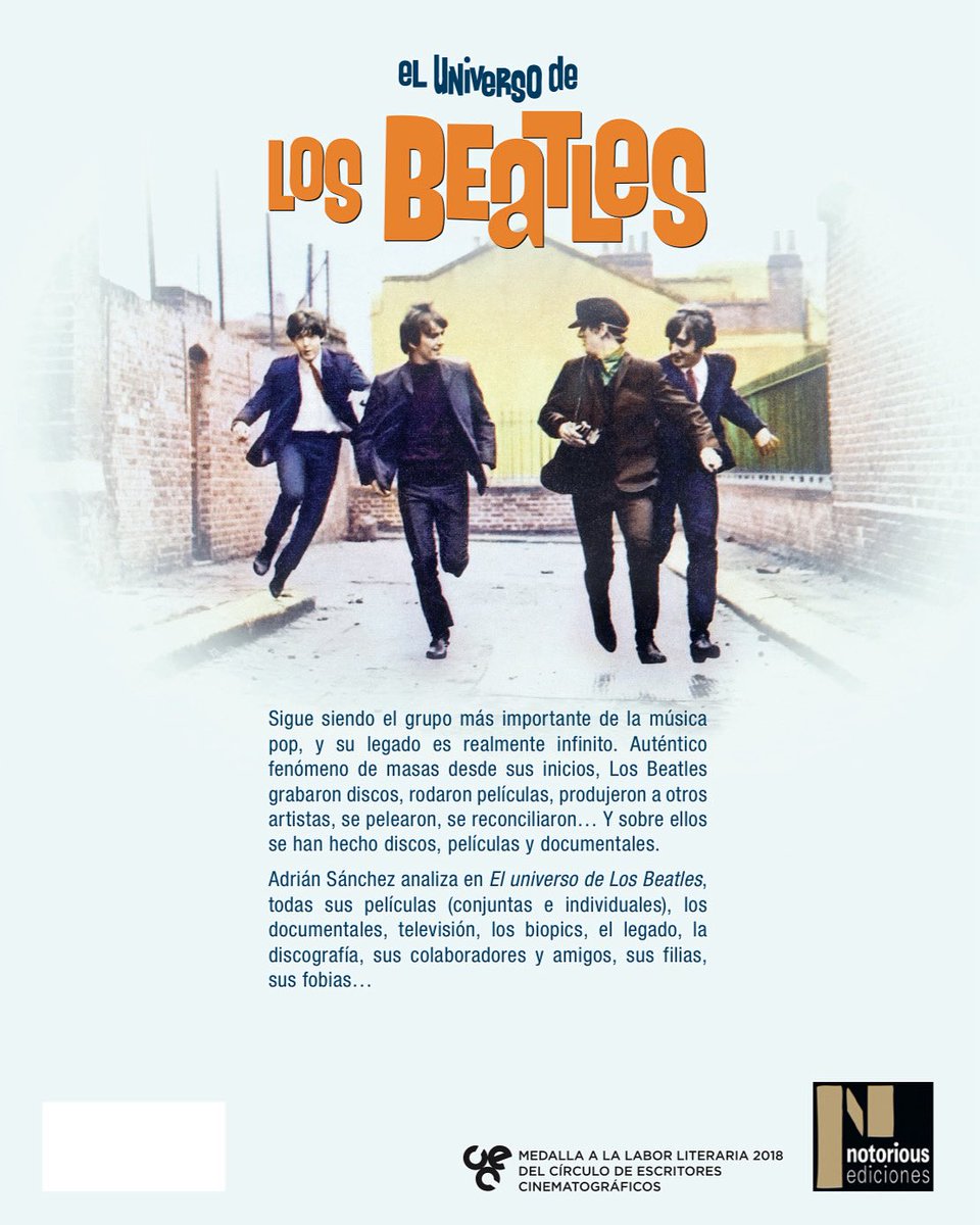 Notorious_Ed's tweet image. Contraportada de nuestro próximo libro “El universo de Los Beatles”, de Adrián Sánchez @LaEsbilla Con prólogo de Ramón Arangüena @ramonaranguena
Sus películas, documentales, tv, biopics, legado, discografía… y un completo diccionario.
A la venta a comienzos de septiembre