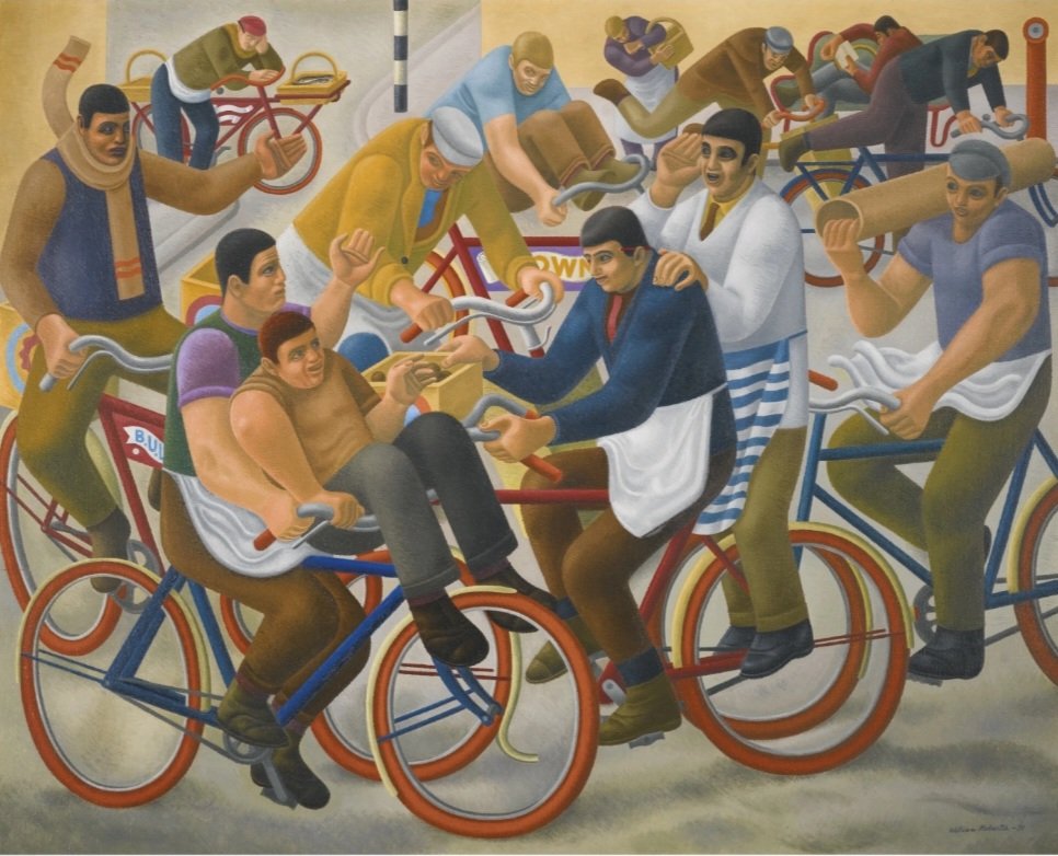 ahistoryinart's tweet image. 'Bicycle Boys,' (1939) focuses on the energy of urban life and human interaction. William Roberts was particularly drawn to uproarious environments, from the boisterous atmosphere of packed noisy cafes, to the movement and hustle and bustle of crowds.