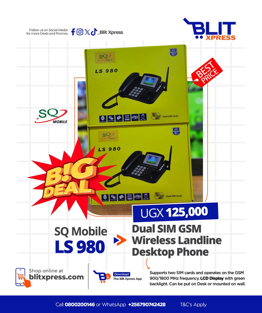 blit_xpress's tweet image. π SQ Mobile Dual SIM GSM Wireless Landline Phones
Enjoy the feel of a landline with the flexibility of mobile! Perfect for home, office, or remote locations.
π₯οΈ LS 820 β UGX 95,000
π₯οΈ LS 980 β UGX 125,000
β
Dual SIM
β
GSM Wireless
β
Landline design, mobile power
π¦ Weβ¦