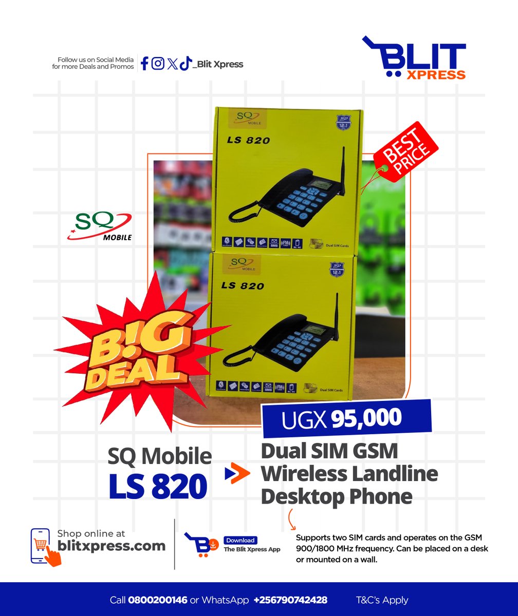 blit_xpress's tweet image. π SQ Mobile Dual SIM GSM Wireless Landline Phones
Enjoy the feel of a landline with the flexibility of mobile! Perfect for home, office, or remote locations.
π₯οΈ LS 820 β UGX 95,000
π₯οΈ LS 980 β UGX 125,000
β
Dual SIM
β
GSM Wireless
β
Landline design, mobile power
π¦ Weβ¦