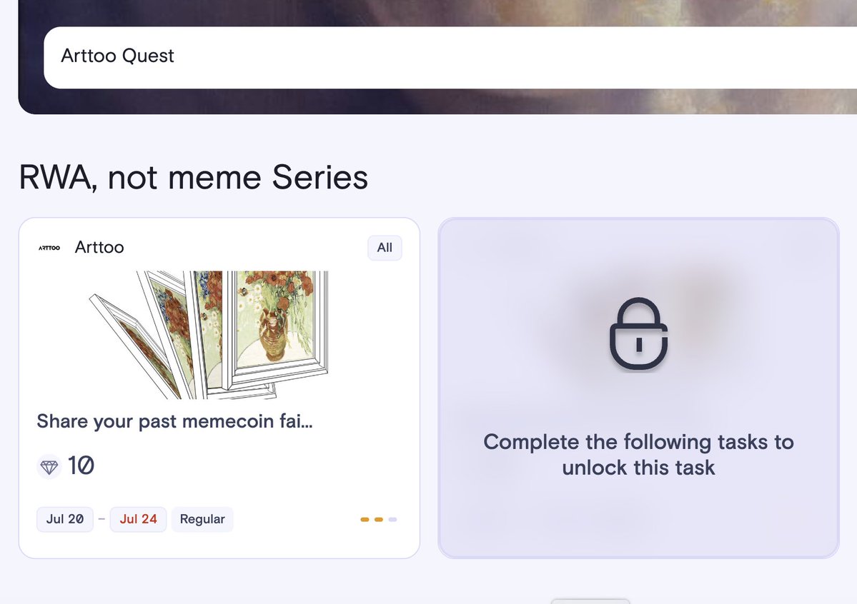 Arttoo (@arttoo_official) on Twitter photo i spent $350 on a meme coin that rugged in 2 hours.
now iโm buying real art with 3-4x hype.
Arttoo just launched on Talentum ๐พ<a href="/TalentumID/">Talentum</a>
complete quests to win:
๐ secret NFT
๐ฝ๏ธ private dinner
๐ฌ discord role
๐ซ whitelist slot
๐ join now: sui.talentum.id/projects/arttoo i spent $350 on a meme coin that rugged in 2 hours.
now iโm buying real art with 3-4x hype.
Arttoo just launched on Talentum ๐พ<a href="/TalentumID/">Talentum</a>
complete quests to win:
๐ secret NFT
๐ฝ๏ธ private dinner
๐ฌ discord role
๐ซ whitelist slot
๐ join now: sui.talentum.id/projects/arttoo