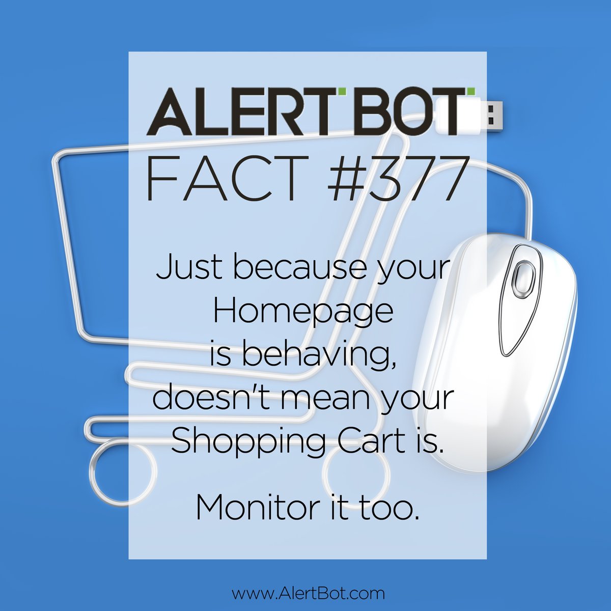 AlertBot's tweet image. AlertBot Fact #377 - Just because your homepage is behaving, doesn&apos;t mean your shopping cart is. 🛒🛍️

Monitor it too. 👀

Try it FREE today at AlertBot.com

#webperf #shoppingcarts #ecommerce #websitemonitoring