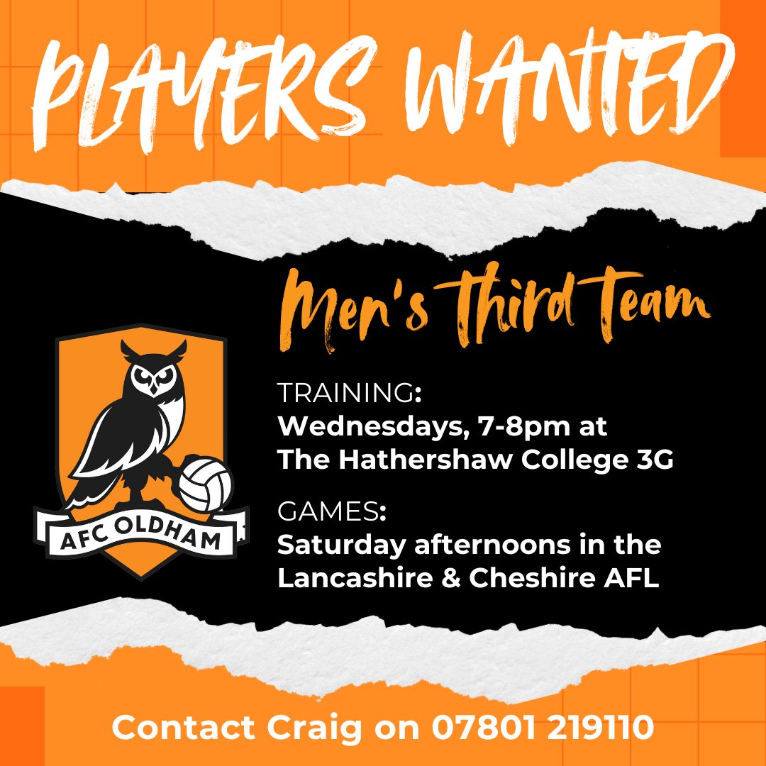 ⚽ PLAYERS WANTED ⚽

Our men's third team are looking for a couple of additions to the squad. 🧡

We train on Wednesday nights and play on Saturday afternoons. 🦉

Contact Craig on 07801 219110. 📱