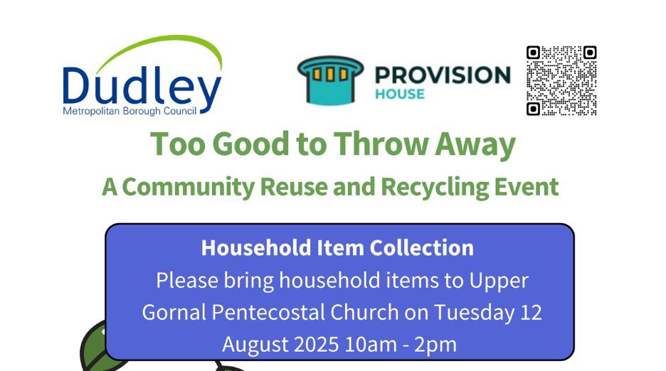 Dudley residents can donate unwanted, reusable items at a community event. DMBC will host a ‘Too Good to Throw Away’ event at Upper Gornal Pentecostal Church on Tuesday, 12 August, from 10am to 2pm.

More info: buff.ly/De5ochb