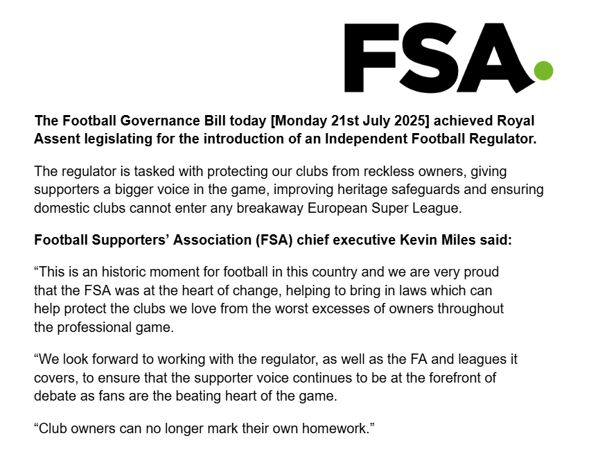 WeAreTheFSA's tweet image. FSA statement on the Football Governance Bill today achieving Royal Assent and becoming law.
🔗 thefsa.org.uk/news/fsa-respo…