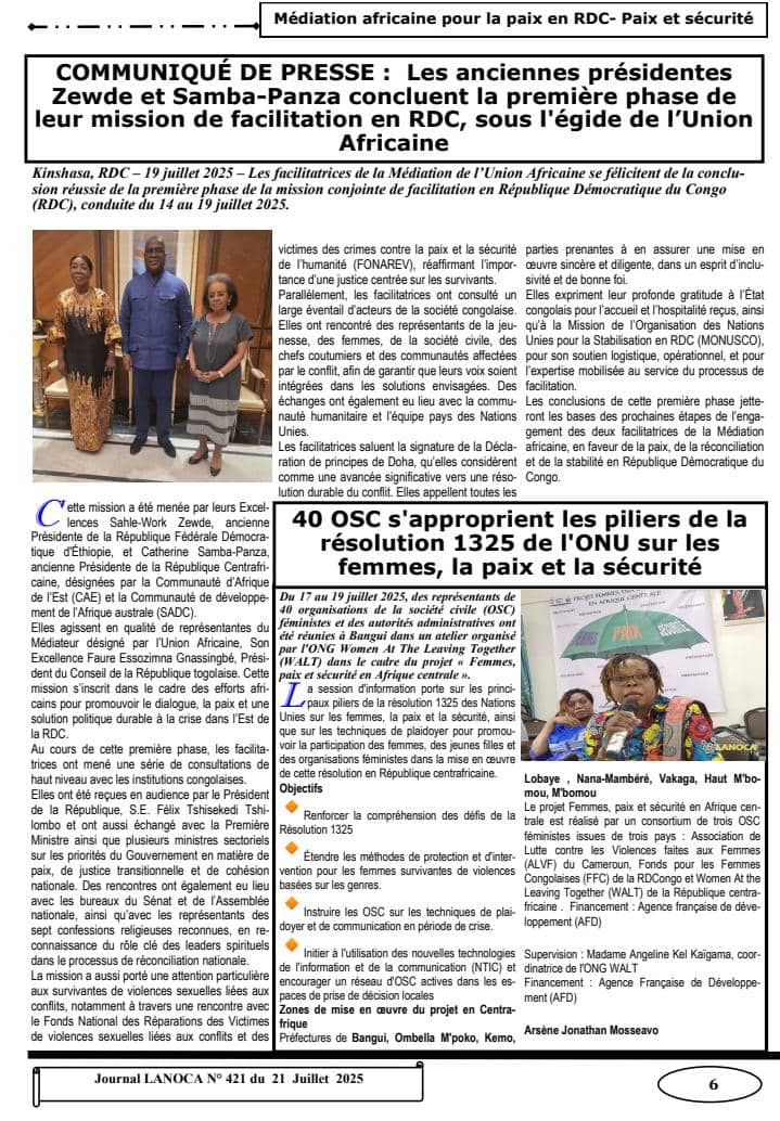 AWLNetwork's tweet image. Les anciennes présidentes Sahle-Work Zewde & Catherine Samba-Panza concluent la 1ʳᵉ phase de leur mission de facilitation en RDC (14–19 juillet 2025), sous l’égide de l’Union africaine.
Accueillies par les autorités congolaises, elles ont consulté institutions, leaders…