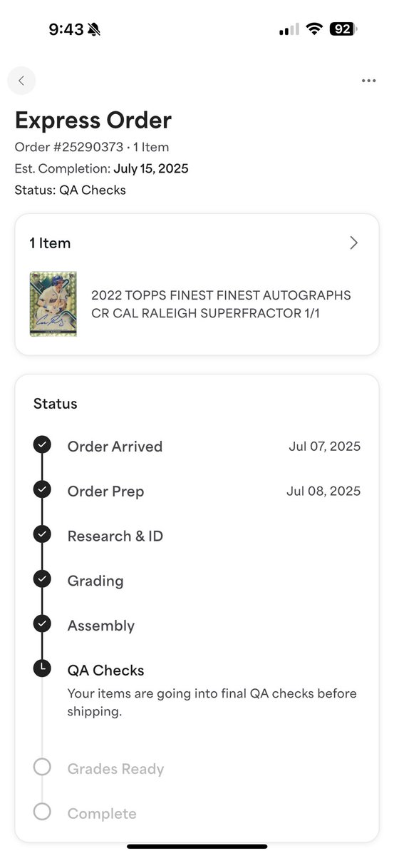 MYOHMYCards's tweet image. Hey @PSAcard why has my Big Dumper Superfractor been in QA checks for so long? This was due by July 15th and it’s now July 21. 🤔 Express turnaround is supposed to be fast?

#thehobby #bigdumper #gradingcards
