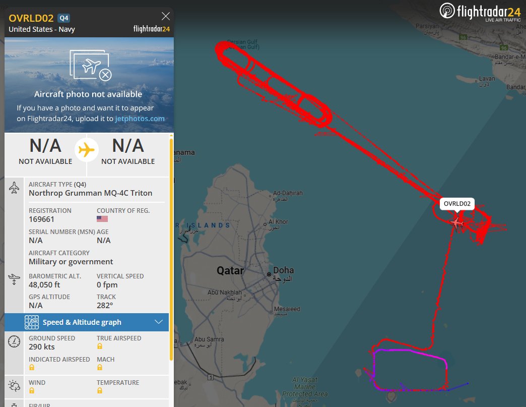 mhmiranusa's tweet image. US Navy MQ-4C Triton HALE surveillance UAV (reg: 169661) with callsign OVRLD02 currently flying loops over the Persian Gulf.