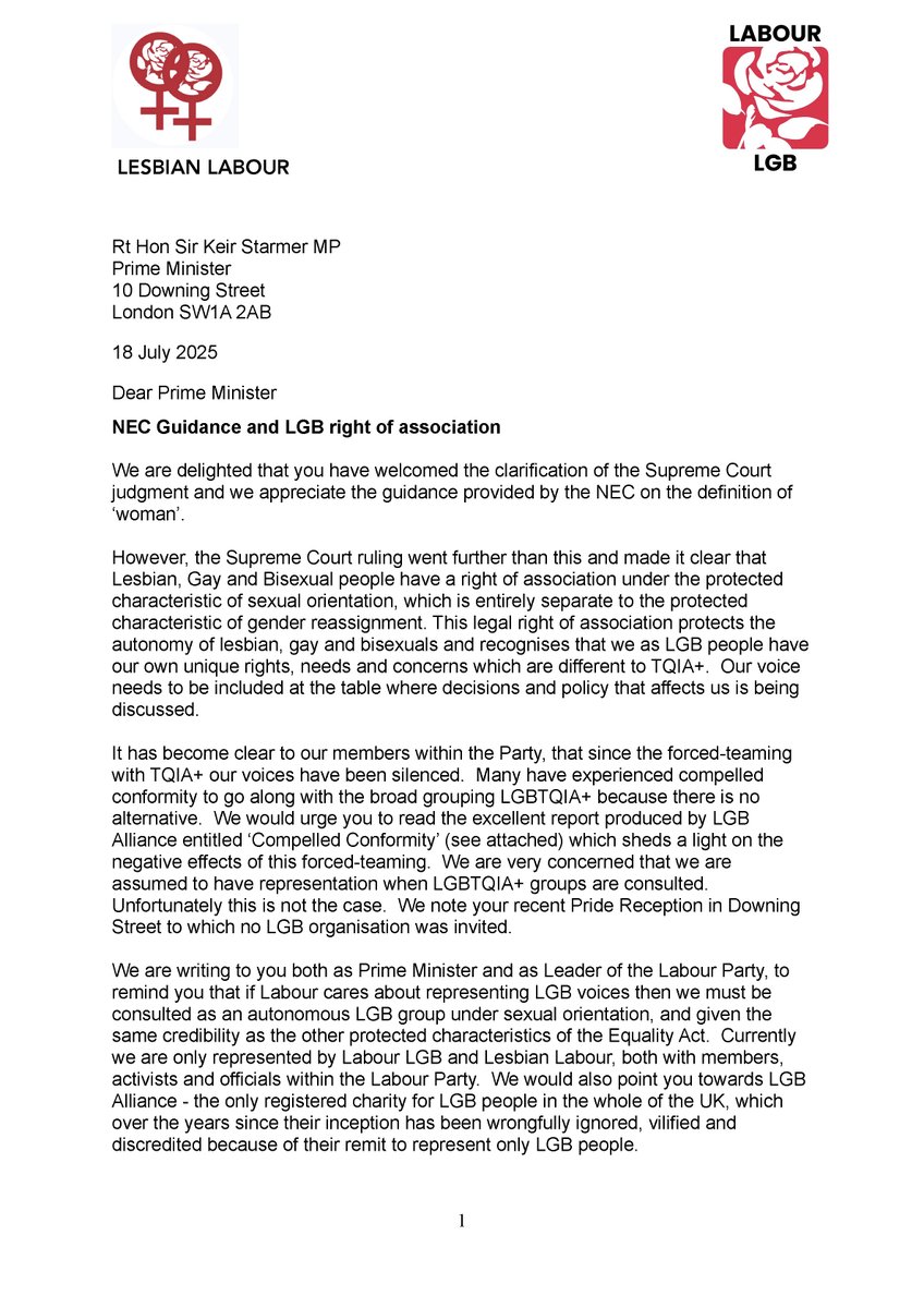 AllianceLGB's tweet image. Lesbian Labour are right to remind the PM that lesbians, gay men and bisexuals must be consulted as an autonomous group and that we are distinct from the TQIA+ lobby. We’re pleased our report, Compelled Conformity, could be used to support their case.
lgbbusinessforum.org/compelled-conf…