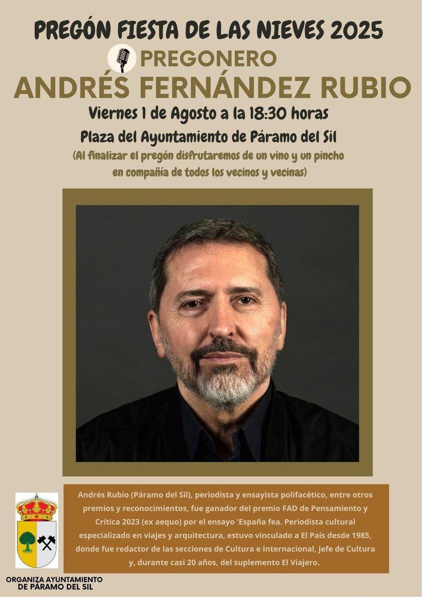 AytoParamo's tweet image. 📣PREGÓN DE INICIO DE LAS FIESTAS DE NUESTRA SEÑORA DE LAS NIEVES 2025 EN EL AYUNTAMIENTO DE PÁRAMO DEL SIL
🗣️PREGONERO: ANDRÉS FERNÁNDEZ RUBIO
📆VIERNES 1 DE AGOSTO A LAS 18:30H EN LA PLAZA DEL AYTO
#ParamodelSil
#AyuntamientodeParamodelSil
#ComisiondeFiestasdeParamodelSil