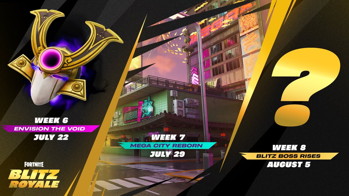 Loolo_WRLD's tweet image. Envision The Void week starts tomorrow in blitz Royale! 👀🔥
Then, next week we will get Mega City as a POI & in 2 weeks a mysterious “blitz boss”.
#Fortnite