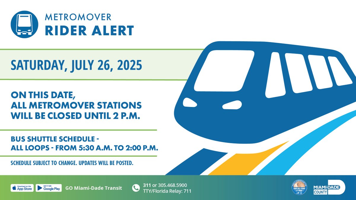 IRideMDT's tweet image. We&apos;re upgrading the system! The Metromover will be closed until 2 p.m. on Saturday, July 26th. Free bus shuttle service will be provided.