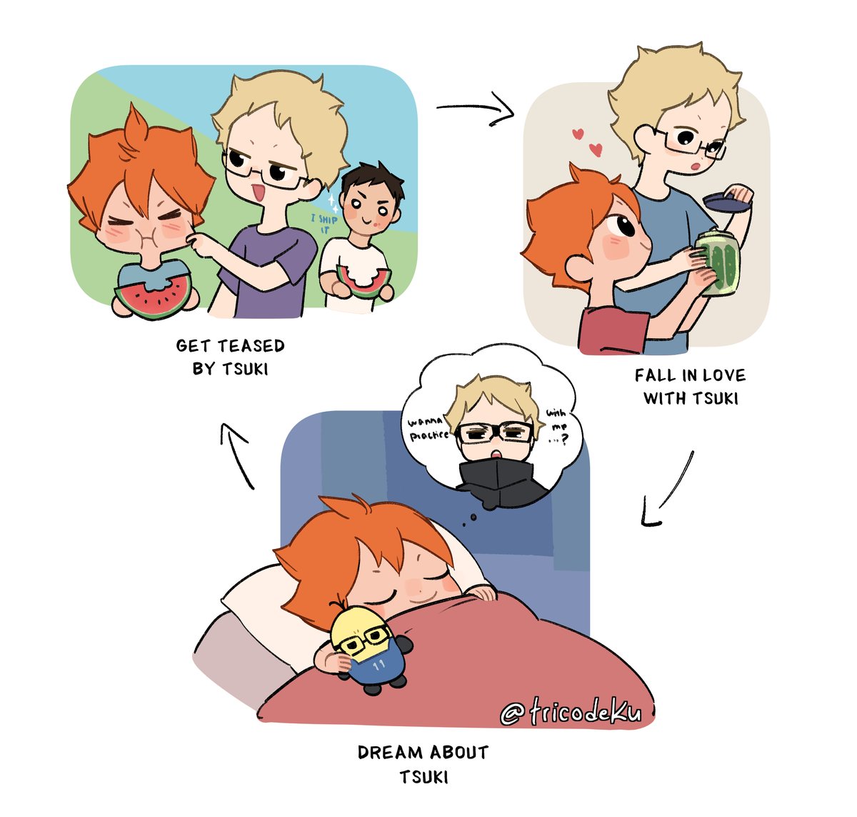 tricodeku's tweet photo. hinata's busy routine ✨ #tsukihina https://t.co/265bxLdmES