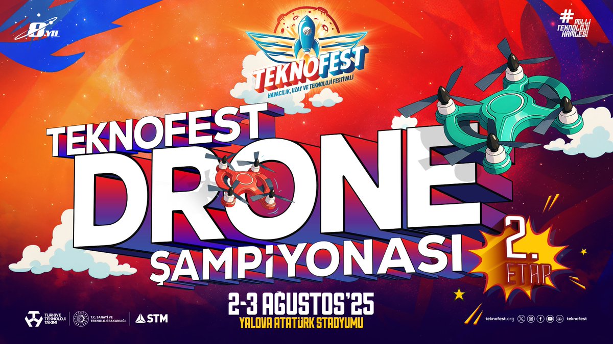 teknofest's tweet image. ✦ TEKNOFEST Drone Şampiyonası - 2. ETAP 🚀
Hız ve manevra ustaları gökyüzünde sınırları zorlayacak. 🕹
➔ 2-3 Ağustos’25 ➔ Yalova Atatürk Stadyumu ➔ @STMDefence