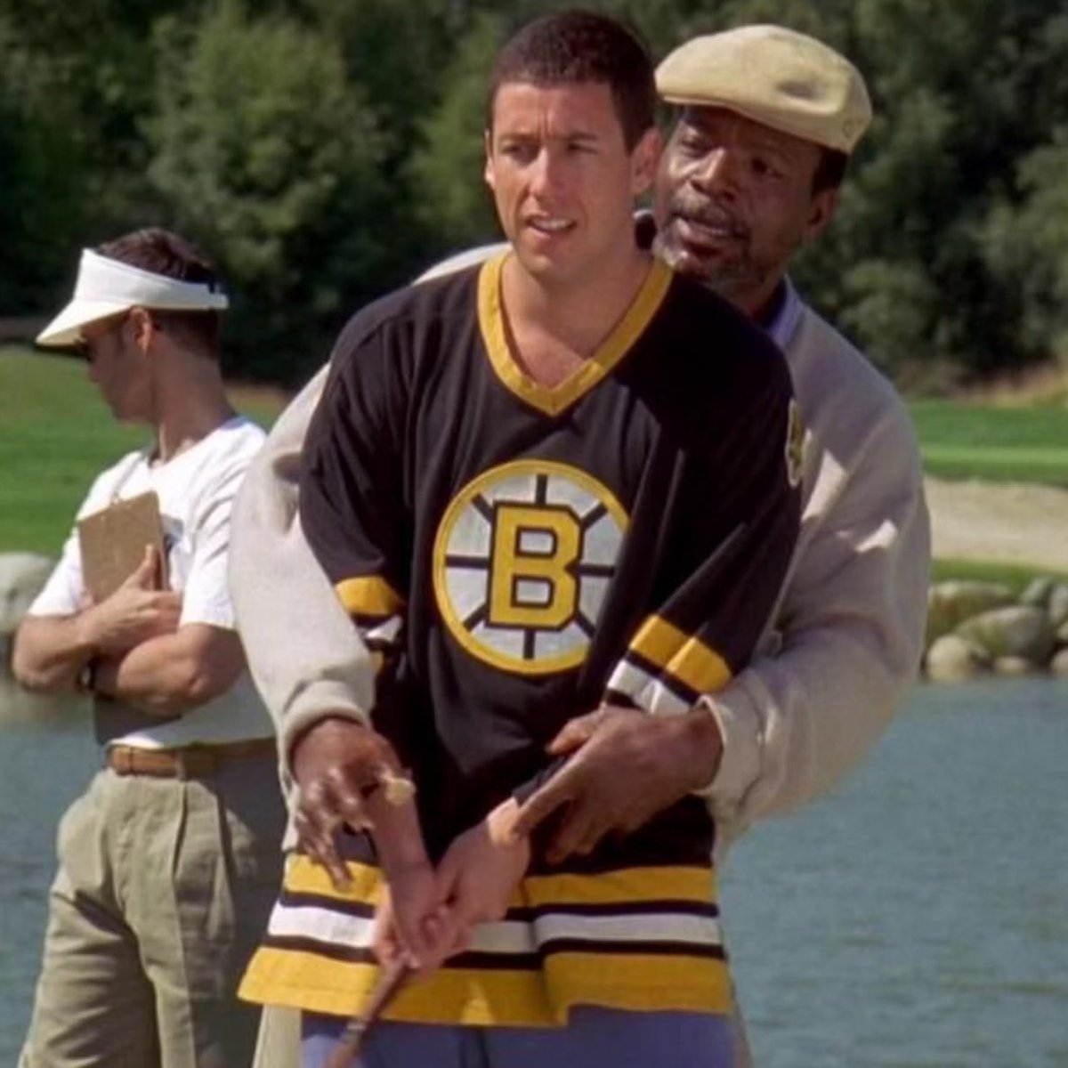 JeffEisenband's tweet image. Low-key a subtle part of the original Happy Gilmore is that Happy wears both a home and road Bruins jersey during the movie