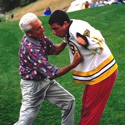 JeffEisenband's tweet image. Low-key a subtle part of the original Happy Gilmore is that Happy wears both a home and road Bruins jersey during the movie