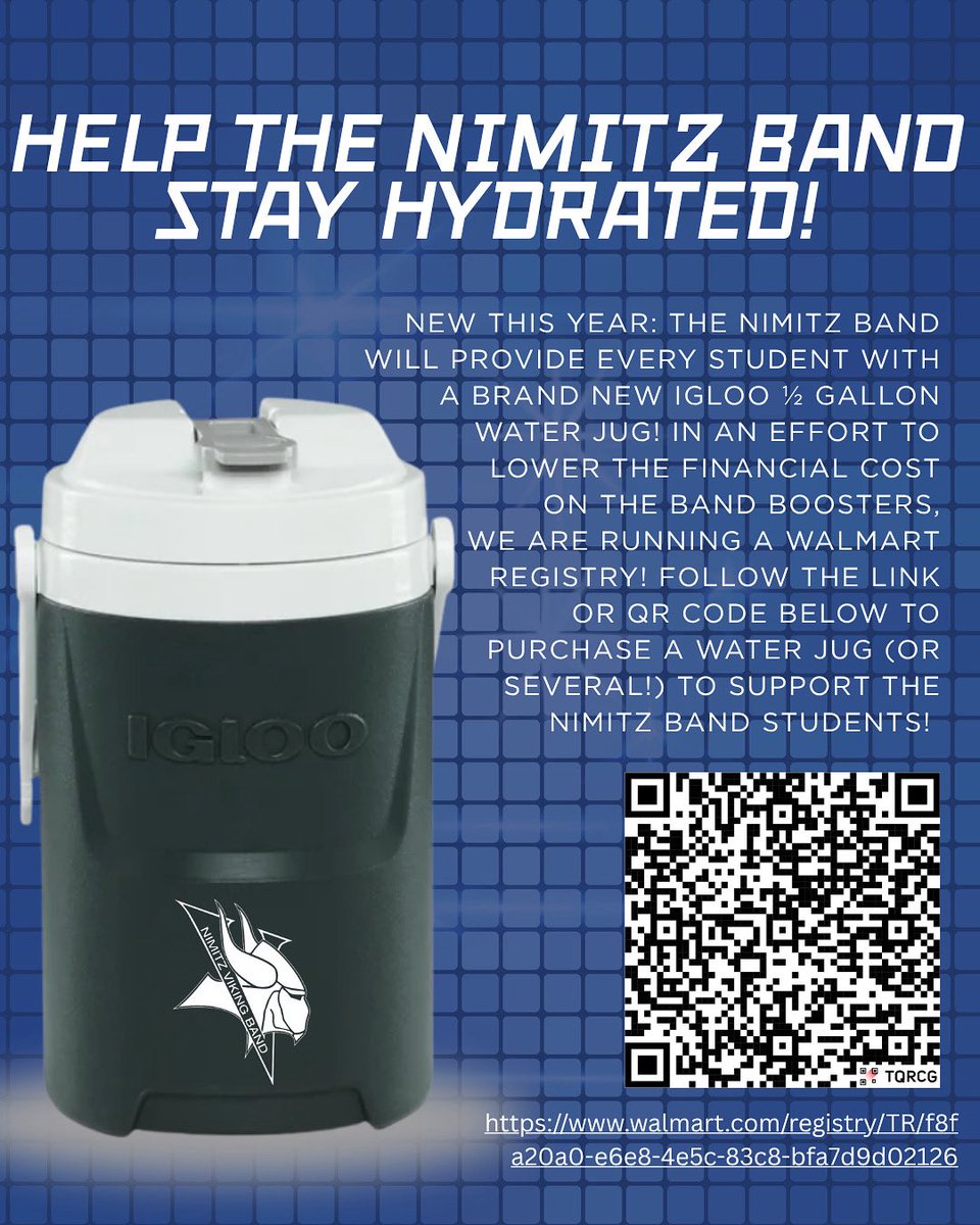 In an effort to supply every Nimitz Band student with a matching water jug, we are running a Walmart Registry. How can you help? Purchase a water jug (or several!) that will go directly to a band student. YOU can make our band safe and healthy!

walmart.com/registry/tr/f8…