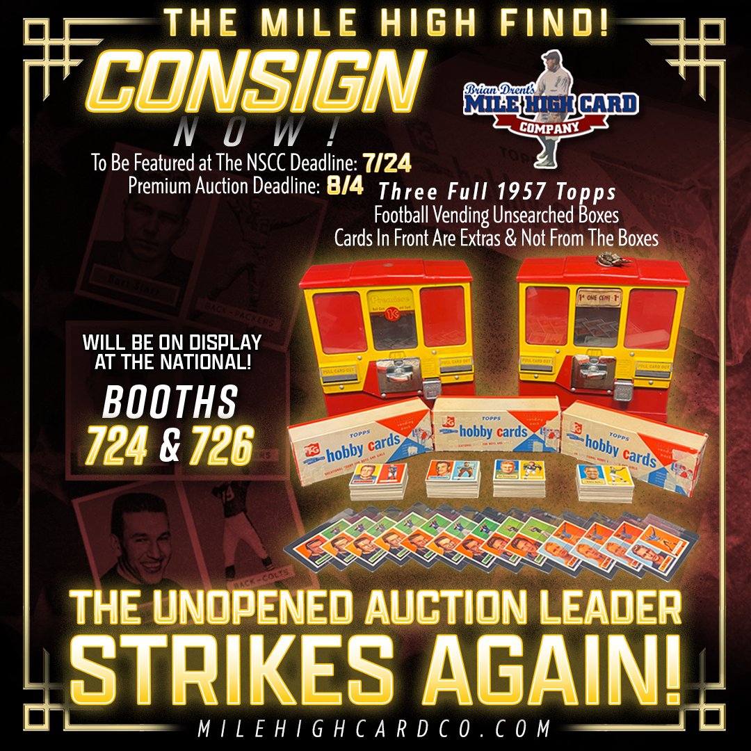 milehighcard's tweet image. π THE MILE HIGH FIND! β°οΈ
The Unopened Auction Leader STRIKES AGAIN! π₯
See these three wonderful 1957 Topps Football Vending Unsearched Boxes (cards in front are EXTRAS and NOT from the boxes) displayed at @nsccshow, booths 724 & 726! π¨π¦π¦π¦
#MHCC