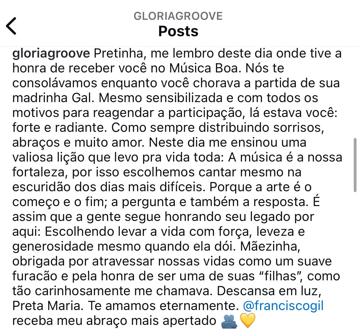 "A arte é o começo e o fim, a pergunta e a resposta", diz Gloria Groove em homenagem a Preta Gil no Instagram.