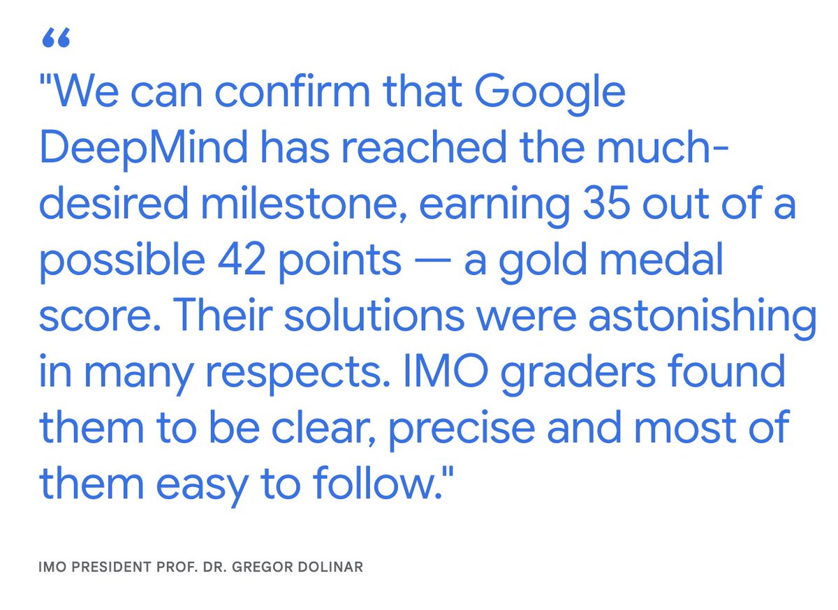 "This achievement is a significant advance over last year’s breakthrough result. At IMO 2024, AlphaGeometry and AlphaProof required experts to first translate problems from natural language into domain-specific languages, such as Lean, and vice-versa for the proofs. It also took