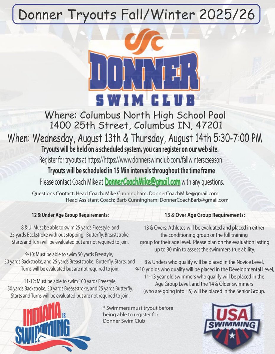 DonnerSwimClub's tweet photo. Tryouts for the 25'-26' SCY season are Aug 13-14! Sign up for a tryout today at https://t.co/bLAlNzF5Mh https://t.co/lWC9lRZk0E