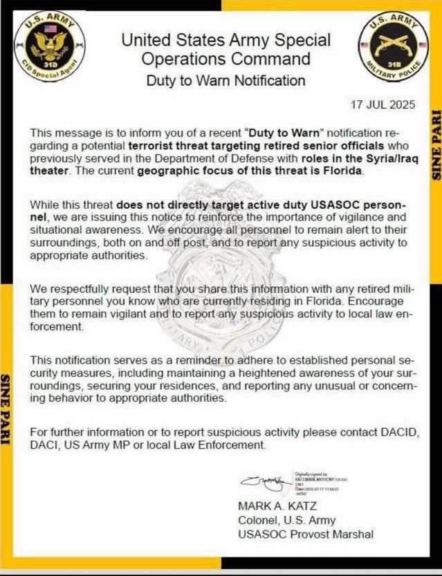 C19VaxInjured's tweet image. Hey terrorists!!
Hey terrorists—want to know where I am? I’d be happy to introduce you to me... and 20–50 of my closest friends.
⚠️ Warning: Potential terrorist threat targeting retired senior officials who previously served in the DoD, specifically those involved in Syria…
