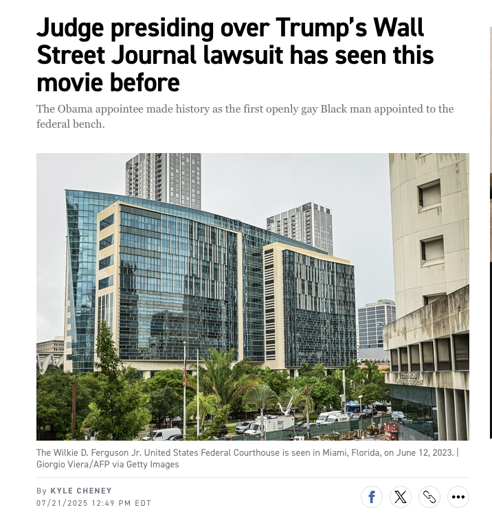 kyledcheney's tweet image. NEW: Judge Darrin Gayles, who will preside over Trump's lawsuit against the Wall Street Journal may be having deja vu: He presided over Trump's ill-fated 2023 lawsuit against Michael Cohen.
Trump ultimately dropped that case to avoid being deposed.
politico.com/news/2025/07/2…