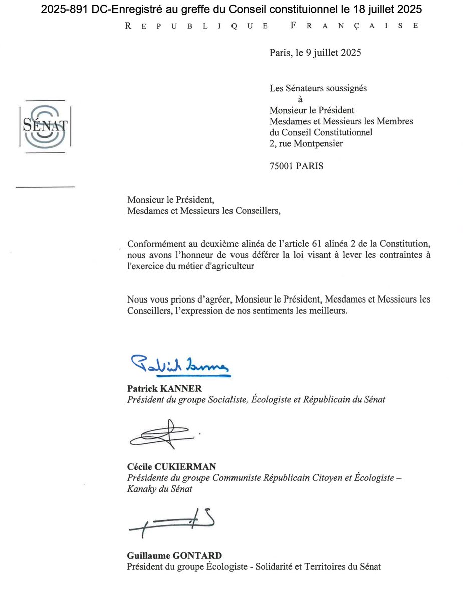 Les 3 groupes de gauche et écologiste au Sénat ont saisi le Conseil constitutionnel sur la loi "Duplomb". Une loi contraire à la Charte de l'environnement et votée grâce à un détournement de procédure manifeste. Retrouvez l'ensemble de la saisine :➡️ urlr.me/wKPyFB