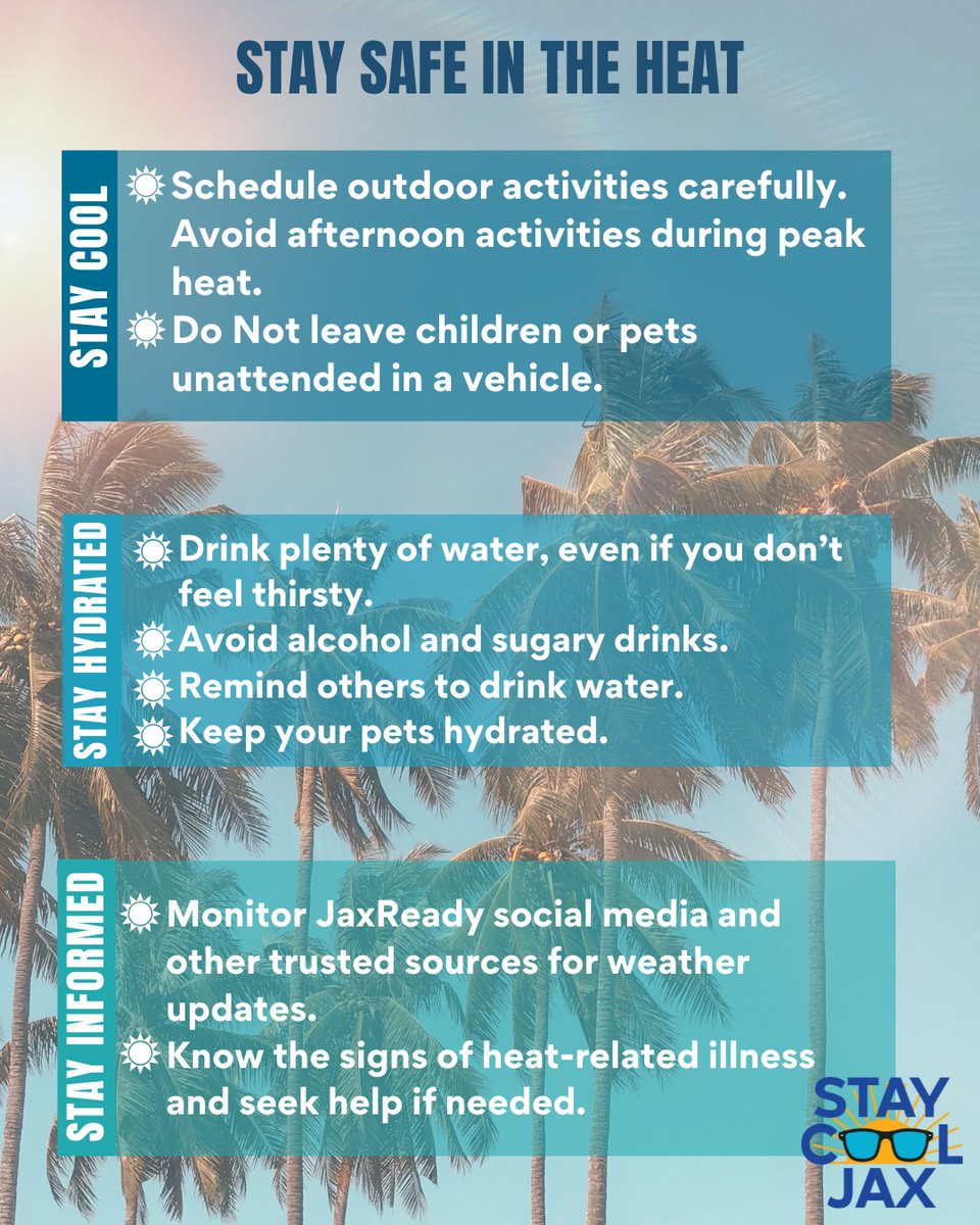 City of Jacksonville (@cityofjax) on Twitter photo Another Heat Advisory is in effect again today from noon to 6 p.m. with heat index values approaching 110ยฐ. Cooling Centers are open at all <a href="/jaxlibrary/">Jax Public Library</a> branches, COJ community centers, <a href="/jaxparks/">JaxParks</a> public pools, and splash pads.
Stay safe and stay cool, Jax: jacksonville.gov/staycooljax Another Heat Advisory is in effect again today from noon to 6 p.m. with heat index values approaching 110ยฐ. Cooling Centers are open at all <a href="/jaxlibrary/">Jax Public Library</a> branches, COJ community centers, <a href="/jaxparks/">JaxParks</a> public pools, and splash pads.
Stay safe and stay cool, Jax: jacksonville.gov/staycooljax