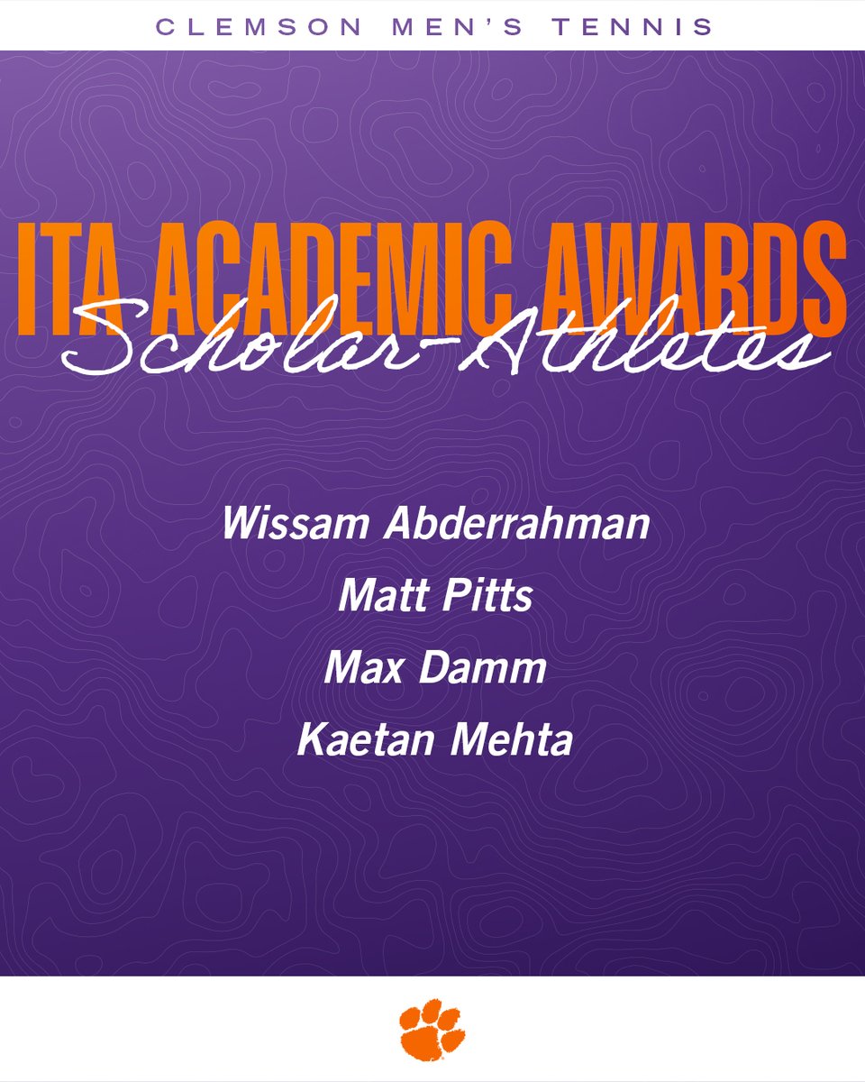 ClemsonMTennis's tweet image. ITA Academic Awards have been announced🔖
The men's program landed on the ITA All-Academic Team list and four athletes received Scholar-Athlete honors.🐾