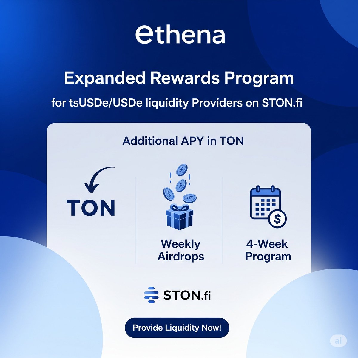 Ethena, a DeFi protocol that issues a synthetic dollar called USDe, has expanded its rewards program to include liquidity providers for the tsUSDe/USDe pool on STON.fi. This offers users an enhanced opportunity to earn rewards.
Here's a breakdown of the key