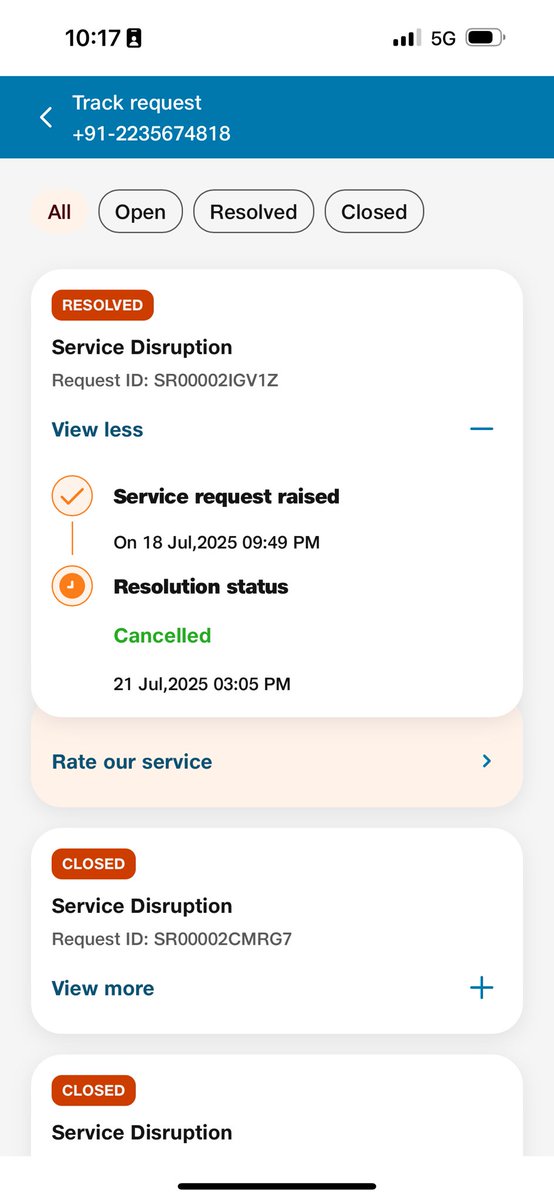 ays7's tweet photo. @JioCare - i never cancelled this request -no one came, no one showed up for 4 days- was put on hold for no reason. No communication at all. Internet not working for 5 straight days now. Can you look into this asap? https://t.co/sACYWGP1u3