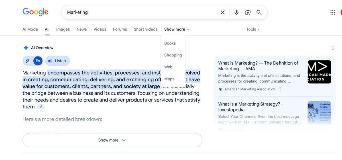 Earlier, Google used to show the menu items under "More" in the search bar. Now, they’ve renamed it to "Show more" instead. <a href="/rustybrick/">Barry Schwartz</a>