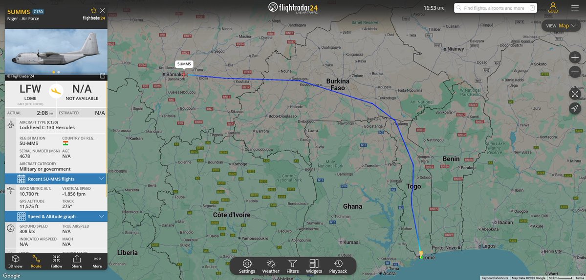 fabsenbln's tweet image. #Mali🇲🇱 - #Niger's🇳🇪 Air Force C-130H (reg. 5U-MMS | #062F05) is currently inbound Bamako airport. Its after Saturday the second visit of this aircraft to Senou Air Base, both times coming from Lomé, #Togo🇹🇬.