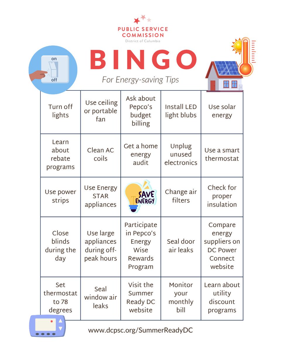 DC_PSC's tweet image. Beat the summer heat and save energy! Join our bingo challenge and try at least two new energy-saving activities. Let’s see which tips you’re already practicing! Learn more: bit.ly/45gdFsT