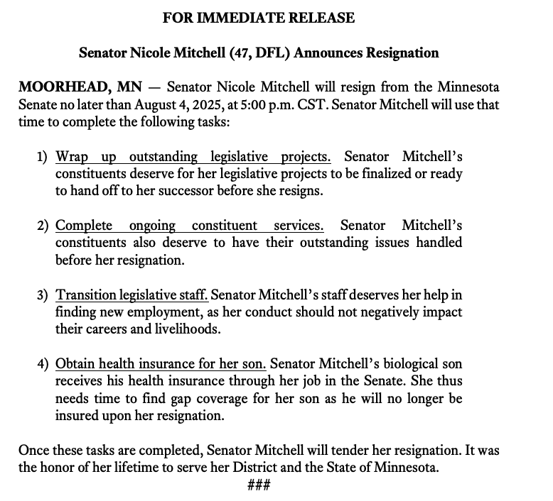 CaroRCummings's tweet image. Following burglary conviction, DFL State Sen. Nicole Mitchell will RESIGN from Minnesota Senate on August 4, per her attorney. Statement below: #mnleg