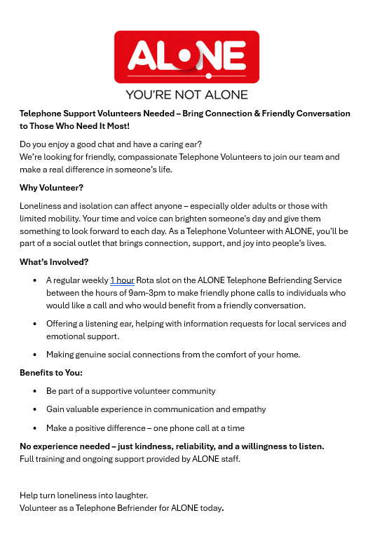 SligoPPN's tweet image. Telephone Support Volunteers Needed
Get in touch with Collette or Helena to find out more:
Collette.ferguson@alone.ieor
Helena.madden@alone.ie
Collette 086 1921505 or Helena 086 014 5829
alone.ie