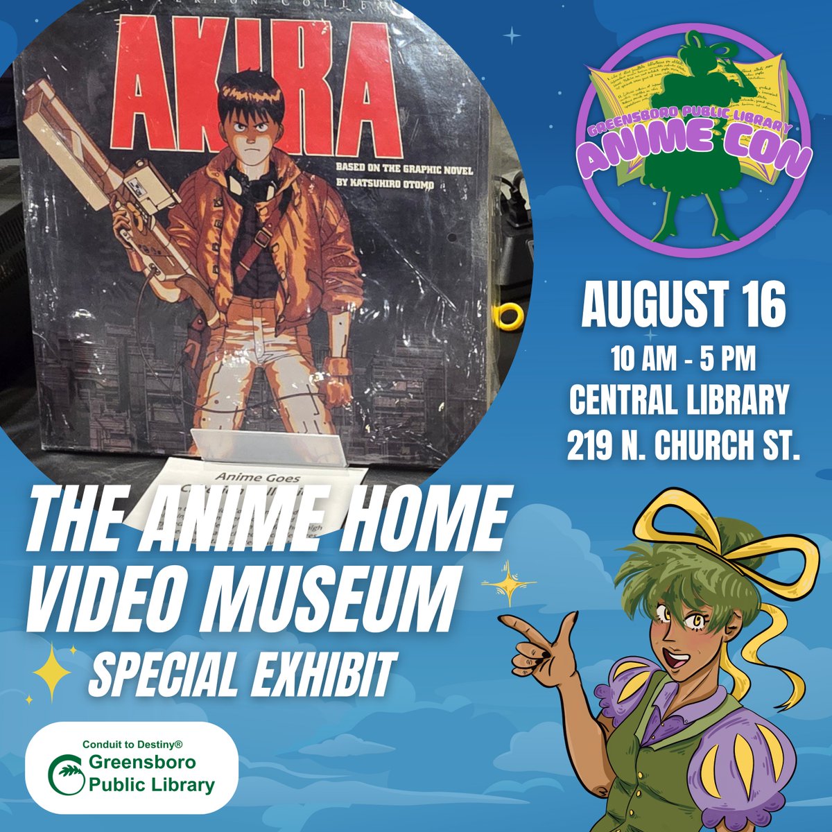 GSOLibrary's tweet image. Greensboro Public Library Anime Con is excited to welcome the Anime Home Video Museum, an interactive exhibit that features home video releases of anime spanning over 40 years and a dozen different technology formats.
Check out the museum and more at GPL Anime Con on August 16!