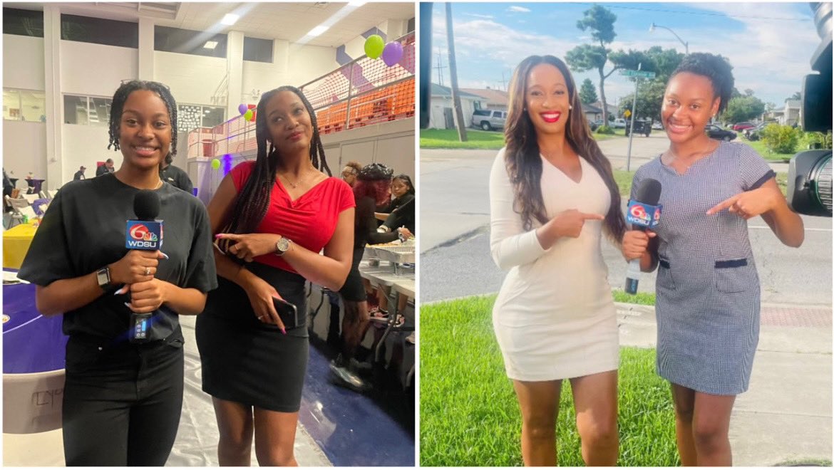 SHAYOCONNORWDSU's tweet image. Talk about speaking it into existence! I met Kyla years ago and she told me about her goal to become a tv journalist. She held a mic for her first time when we took the pic to the left. Years later and the #Nola native and LSU student is now an intern at our station.❤️So proud!💪🏽