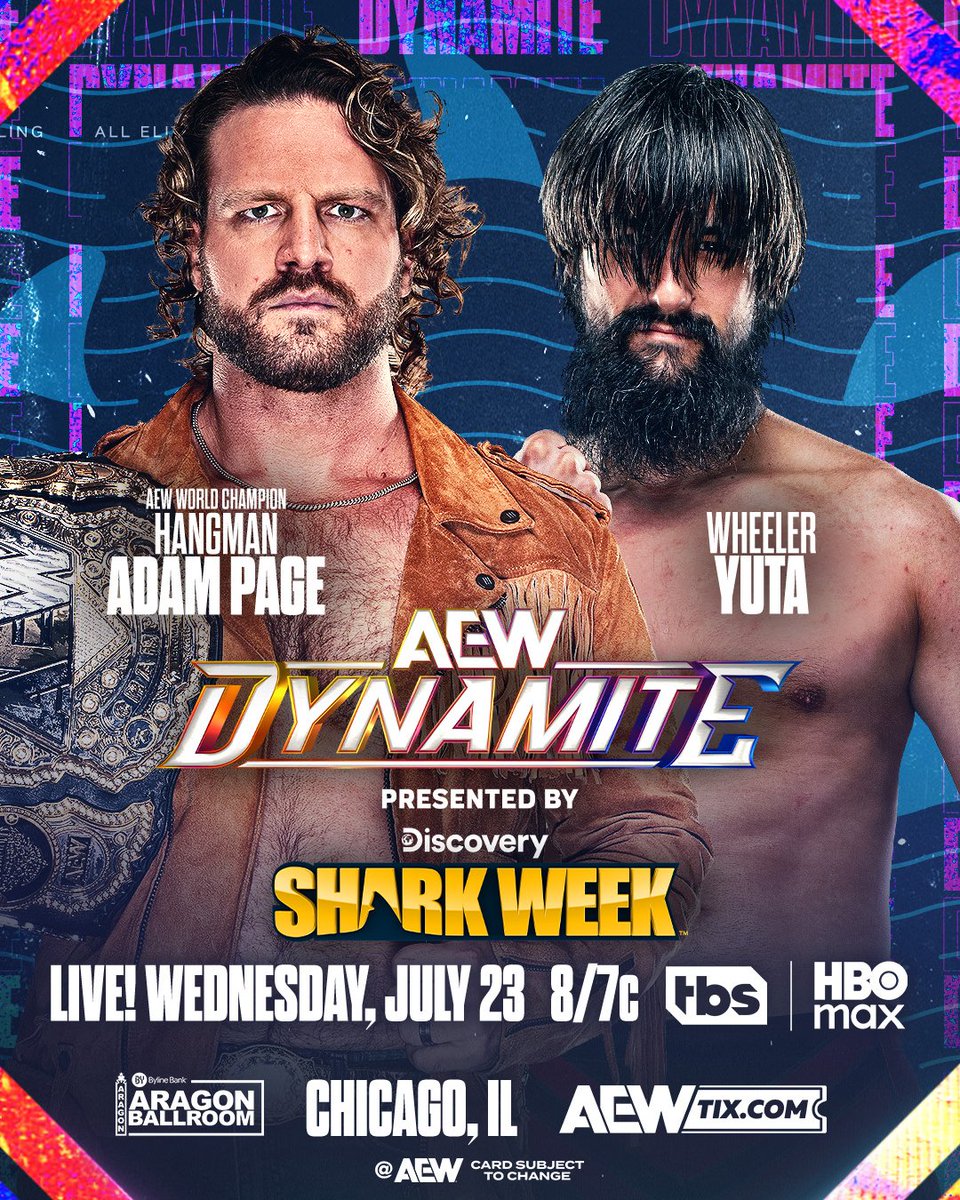 AEW's tweet image. This Wednesday, 7/23!
#AEWDynamite continues its residency at the Aragon Ballroom LIVE with a thrilling night of action!
Tune in at 8pm ET/7pm CT on @TBSNetwork + @SportsOnMAX!