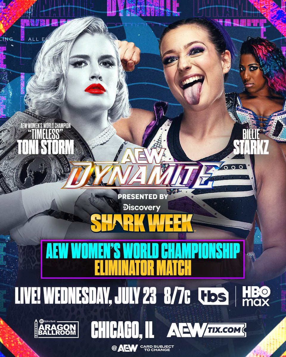 AEW's tweet image. This Wednesday, 7/23!
#AEWDynamite continues its residency at the Aragon Ballroom LIVE with a thrilling night of action!
Tune in at 8pm ET/7pm CT on @TBSNetwork + @SportsOnMAX!