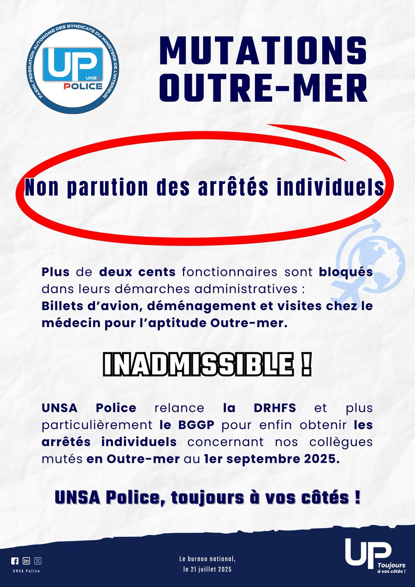 [  #Outremer ] : Non parution des arrêtés individuels, une situation inadmissible entraînant un blocage de plus de 200 fonctionnaires dans leurs démarches administratives !