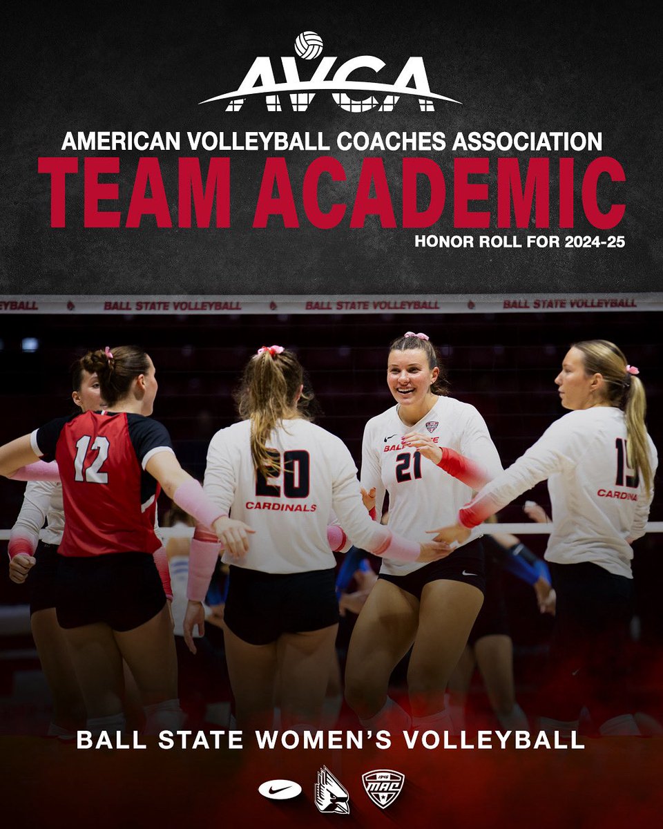 For the 9th straight season, and 15th time in program history, #YourCardinals have earned the <a href="/AVCAVolleyball/">AVCA</a> Team Academic Award!

We also finished in the Top 20% of D1 programs to earn Honor Roll status 😎

📰: bit.ly/4lIpGyW

#ChirpChirp x #WeFly x #MACtion
