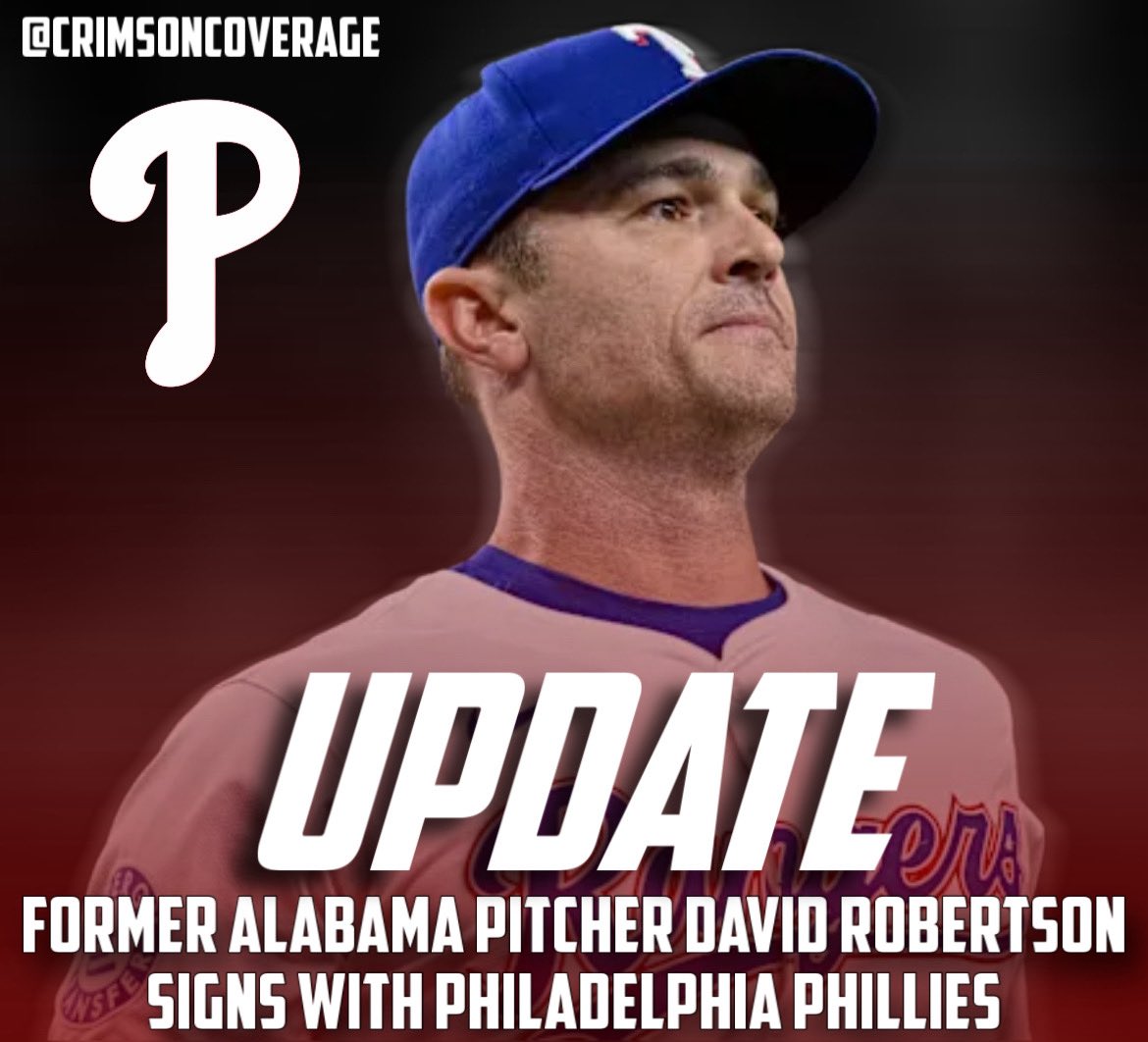 CrimsonCoverage's tweet image. Former Alabama pitcher and MLB veteran David Robertson has signed with the Philadelphia Phillies.
The 40-year-old recently had a workout in front of a handful of MLB teams in Providence, Rhode Island.
Robertson’s deal is for one year and worth between $5-6 million.