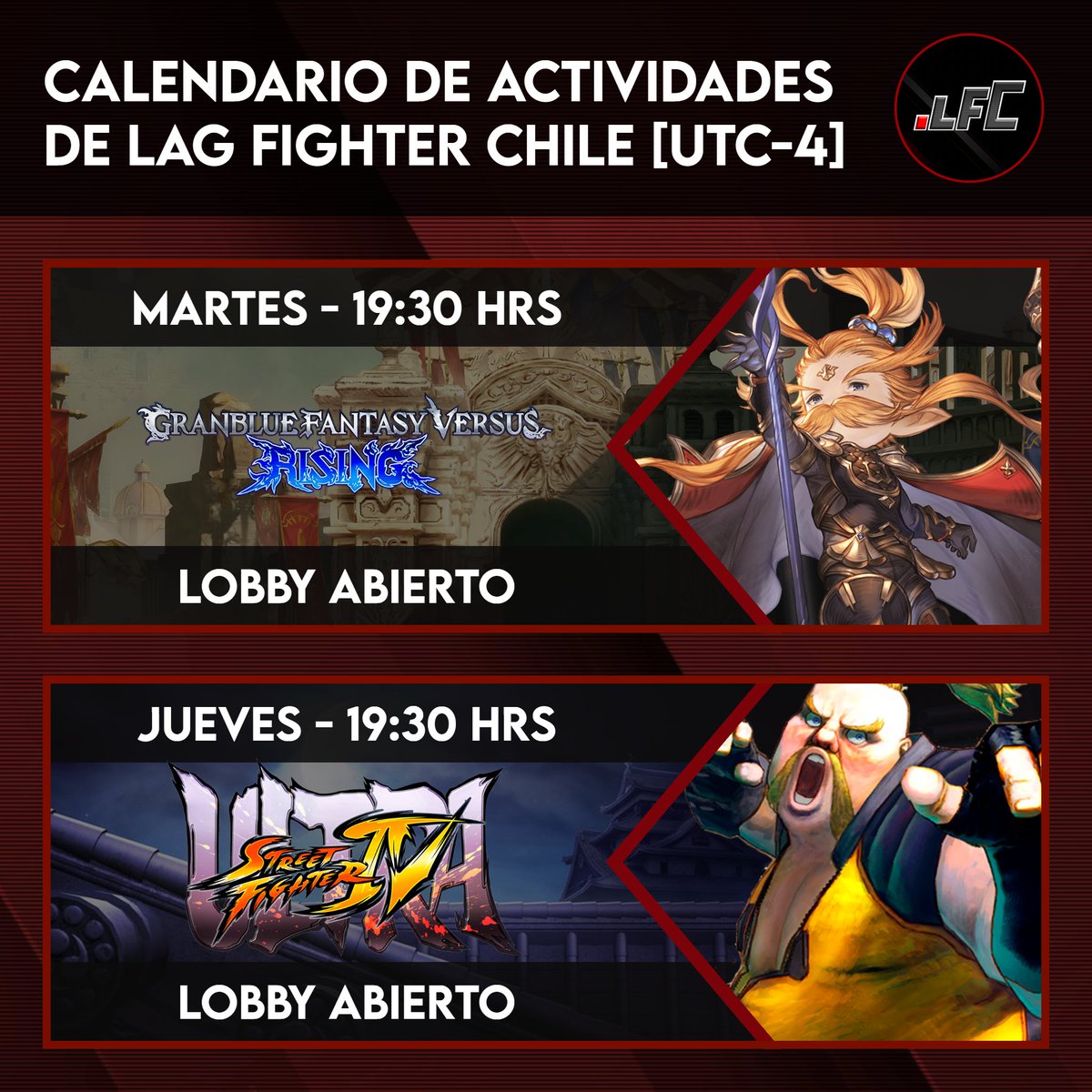 lagfightercl's tweet image. Les comparto las actividades de Lag Fighter Chile para esta semana:
🎮 Martes: Lobby Abierto de Granblue Rising 🚢
🎮 Jueves: Lobby abierto de Ultra Street Fighter 4
Después de esto toca darle foco al OTG así que estariamos en pausa hasta entonces, espero puedan participar 🫡